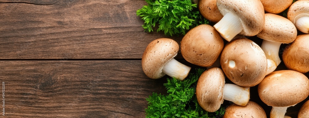 Freshly harvested brown mushrooms arranged on wooden surface with green herbs in background enhancing natural look Freshly harvested brown mushrooms arranged on wooden surface with green herbs in background enhancing natural look