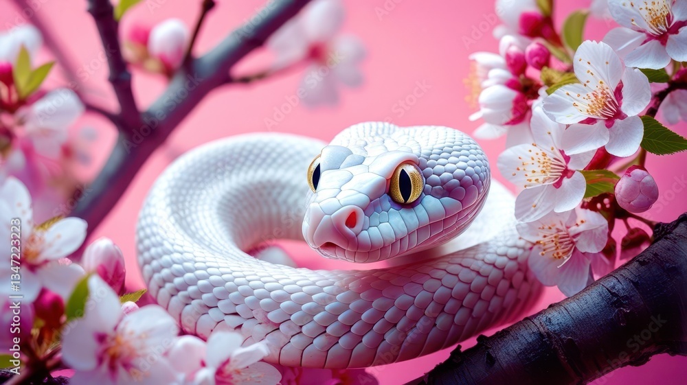 Fototapeta premium A white snake is curled up on a branch of a pink tree