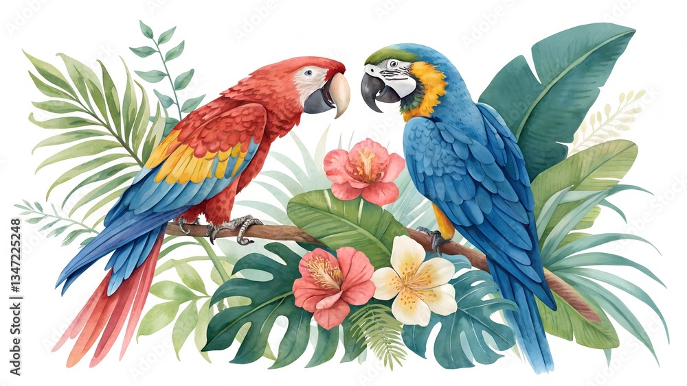 Obraz premium Watercolor Tropical Birds – Scarlet Macaw & Blue-and-Gold Macaw with Exotic Flowers & Lush Foliage with Clipping Path