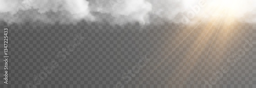 Vector realistic cloud with sun on isolated transparent background. Sun rays break through cloud png.