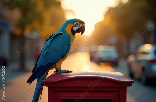 A parrot of a beautiful color sits on the street of the city