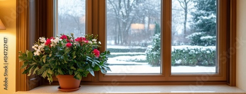 Bright flowers in a pot placed on a window sill overlooking a snowy landscape and trees in winter, showcasing a cozy indoor view