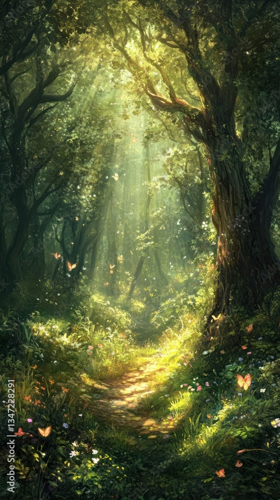 Naklejka premium A sunlit path meanders through a lush green forest with butterflies