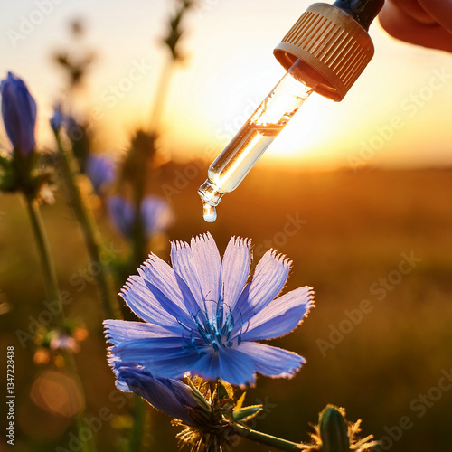 Hand with dropper dripping a drop of flower essence remedy the Chicory flower in the middle of nature, Bach Flower, Floral de Bach, Field