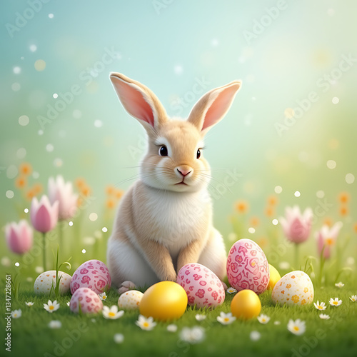Wallpaper Mural Adorable Bunny in a Blooming Meadow Surrounded by Vibrant Easter Eggs, Fresh Spring Flowers, and Lush Green Grass Under a Sunny Sky Torontodigital.ca
