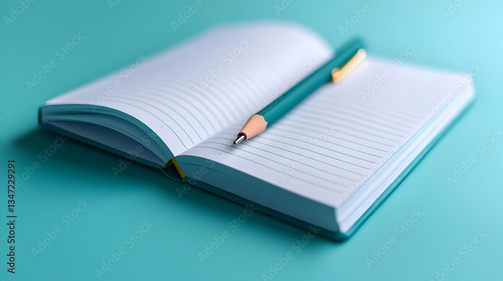 Teal Notebook and Green Pencil on a Teal Background Teal Notebook and Green Pencil on a Teal Background