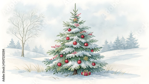 Watercolor painting of a christmas tree decorated with red ornaments in a snowy landscape scene