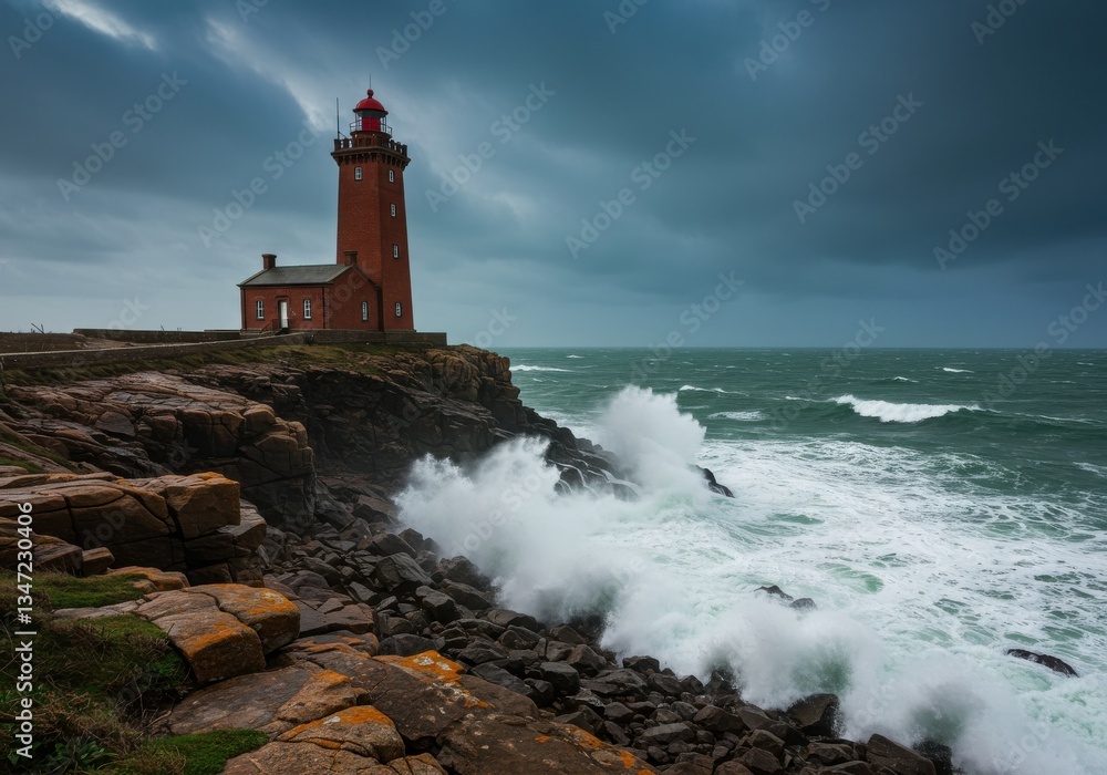 Lighthouse on rocky coast with crashing waves under a stormy sky on a cloudy day scene