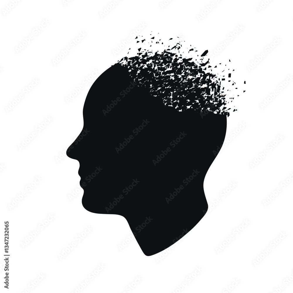 Disintegrating Human Head Silhouette Symbolizing Memory Loss