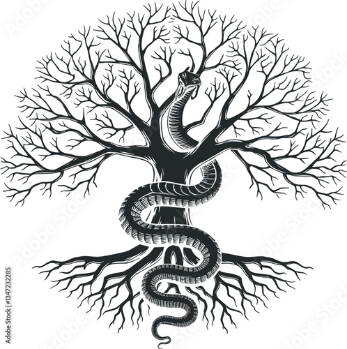 Esoteric Illustration of Ouroboros Snake And Tree of Life isolated on Black. Vector illustration