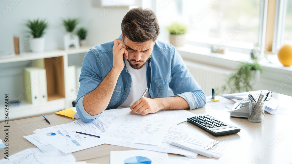 Financial Focus: A person absorbed in work, intensely studying paperwork at a desk, highlighting a narrative of focused contemplation. Financial Focus: A person absorbed in work, intensely studying paperwork at a desk, highlighting a narrative of focused contemplation.