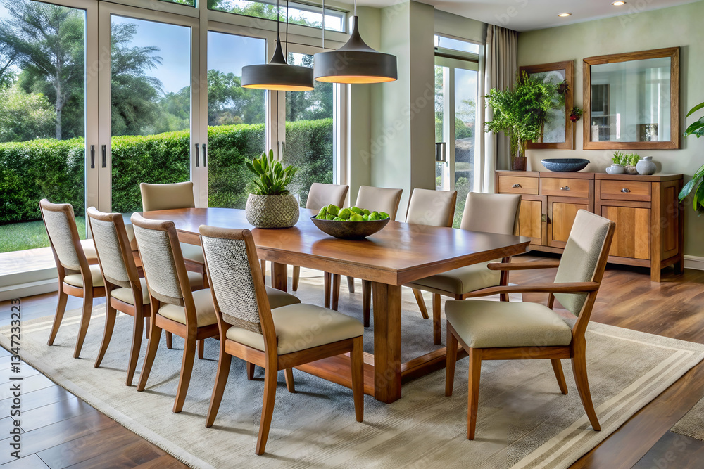 Obraz premium A set of dining tables with chairs and a table with chairs in a modern and stylish dining area 