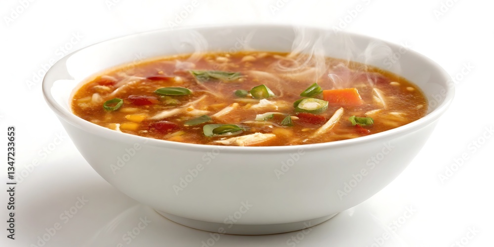 An isolated image of a white bowl filled with hot and sour soup would be ideal for a menu or food blog An isolated image of a white bowl filled with hot and sour soup would be ideal for a menu or food blog