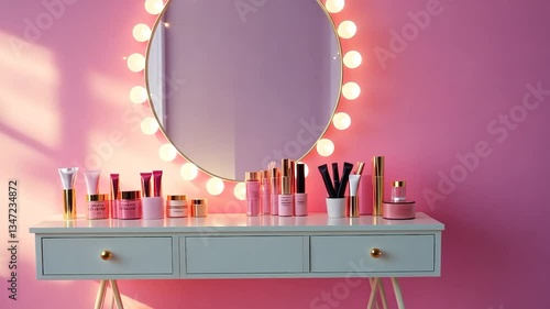 Pink vanity with lighted mirror and cosmetics (1)