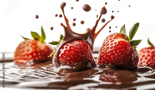 Chocolate sauce splashing around with strawberries