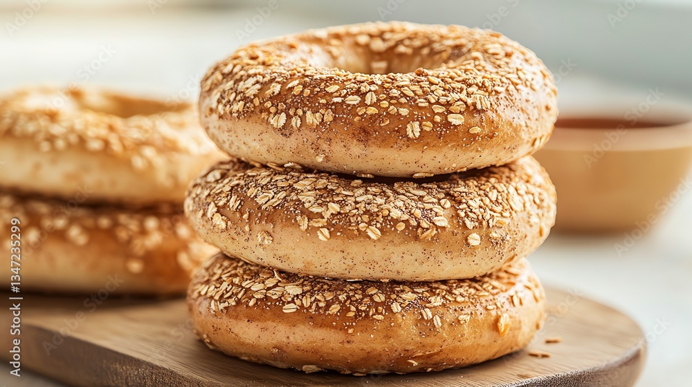 Stack of Fresh Sesame Seed Bagels on Wooden Board Stack of Fresh Sesame Seed Bagels on Wooden Board
