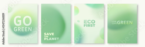 Green background vector illustration. Eco ecology abstract patterns with gradation blur dots, blurry round shapes. Minimal organic modern design for earth day poster, spring template