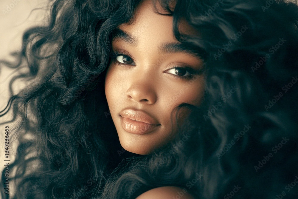 Naklejka premium Stunning happy black girl - for ads, ad page and social platforms use. Long haircut - curly hair. Commercial promotion conceptual art. African hair fashion. Stunning long hair beauty.