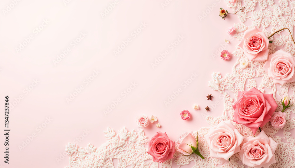 Elegant roses with lace overlay on soft pink background, subtle beauty Elegant roses with lace overlay on soft pink background, subtle beauty