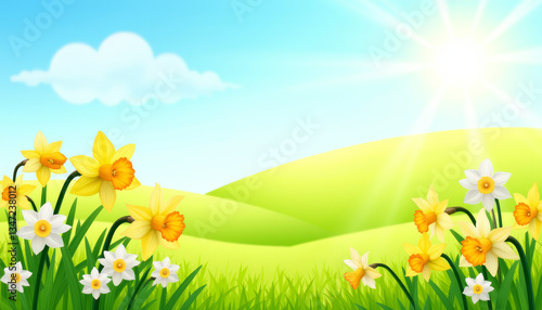 Vibrant field of daffodils in spring sunshine, joyful nature