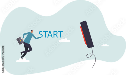 Push start button to start new business, entrepreneur to begin new company, startup to launch project, opportunity,character for design