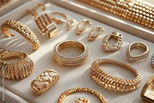 White box filled with gold rings and bracelets, scattered beautifully. Shiny gemstones sparkle, creating a luxurious and dazzling display.