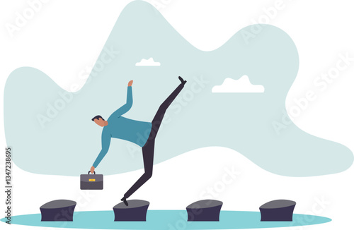 Stepping stones to success, progress or milestone pathway to achieve target, small step to overcome difficulty,character for design