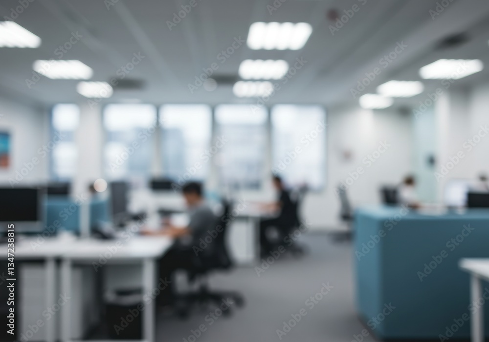Blurred office interior with desks computers and people working in a modern workspace setting Blurred office interior with desks computers and people working in a modern workspace setting
