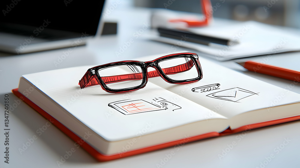 Red Notebook with Pixelated Eyeglasses on a Desk