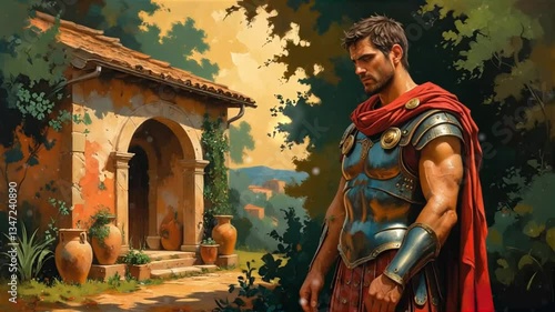 Ancient Soldier in Armor Praying in Shady Garden near Crypt Loop