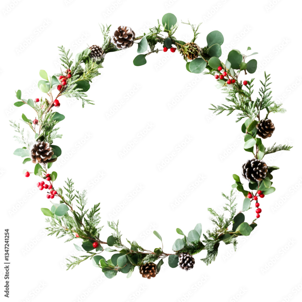 Fototapeta premium Festive winter wreath with pine cones eucalyptus and red berries a symbol of holiday cheer and cozy winter vibes
