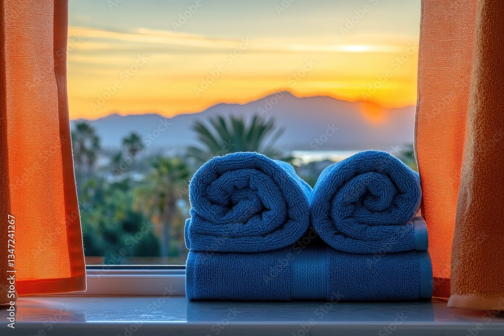 Obraz premium Rolled towels on a windowsill, sunset view