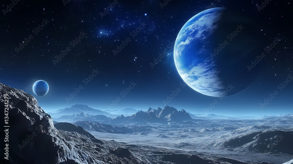 Sci-Fi Space with Two Blue Planets