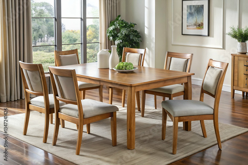 A dining table with chairs and a table with chairs arranged elegantly in a modern and cozy space
