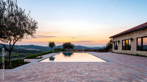 Wallpaper Mural Rectangular Swimming Pool Reflecting Sunset Sky And Surrounding Landscape With Stone Terrace And Building Torontodigital.ca