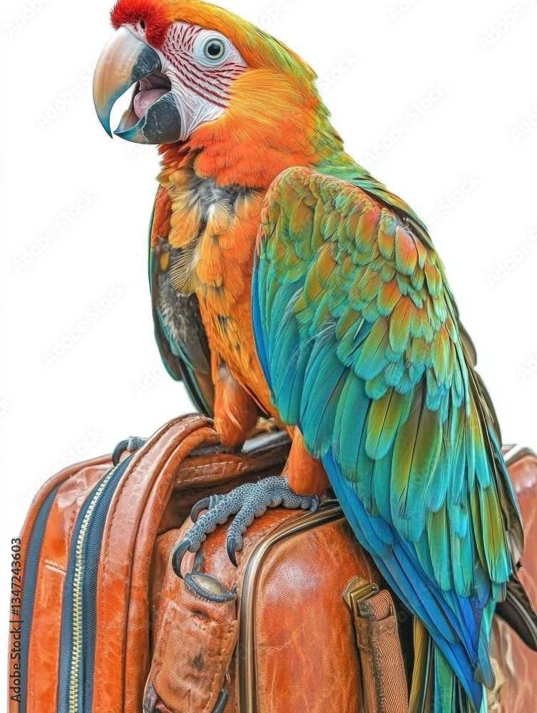 Obraz premium Colorful macaw perched on leather suitcase with white background
