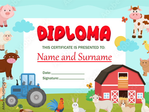 Vector template of children's diploma on the theme of the farm. Certificate for school and kindergarten