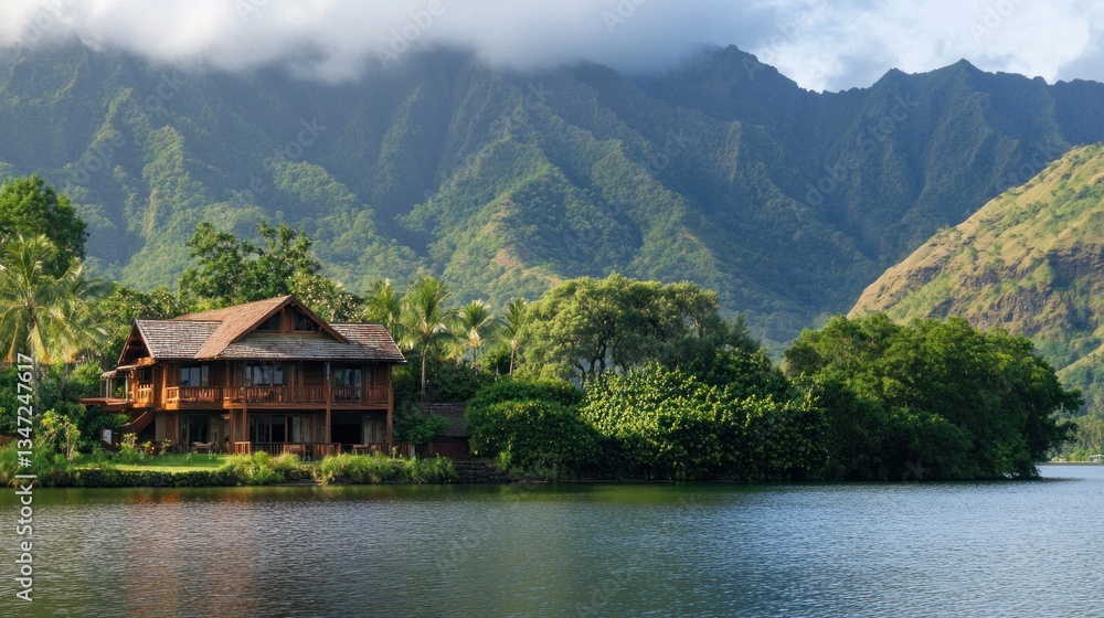 Tranquil mountainside lake house nestled in lush greenery Tranquil mountainside lake house nestled in lush greenery
