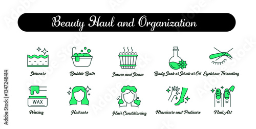 Icons for Beauty haul, beauty organization, body soak, scrub, oil, bubble bath, sauna, steam room, eyebrow threading, bikini waxing,