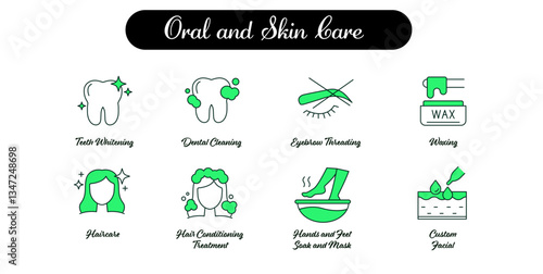Icons for Oral care, skin care, teeth whitening, dental cleaning, eyebrow threading, waxing, permanent hair removal.