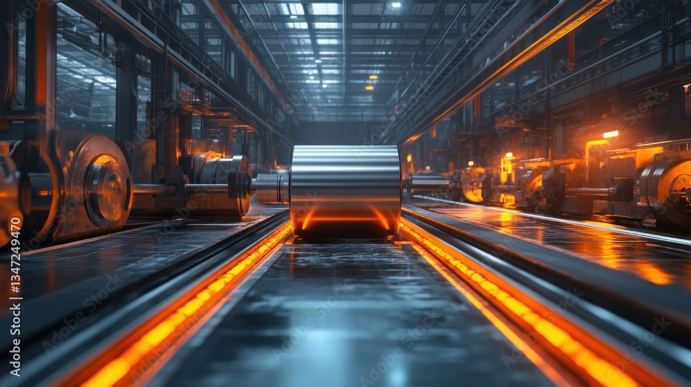 Fototapeta premium Steel Mill Production: Metal Coil on Conveyor Belt