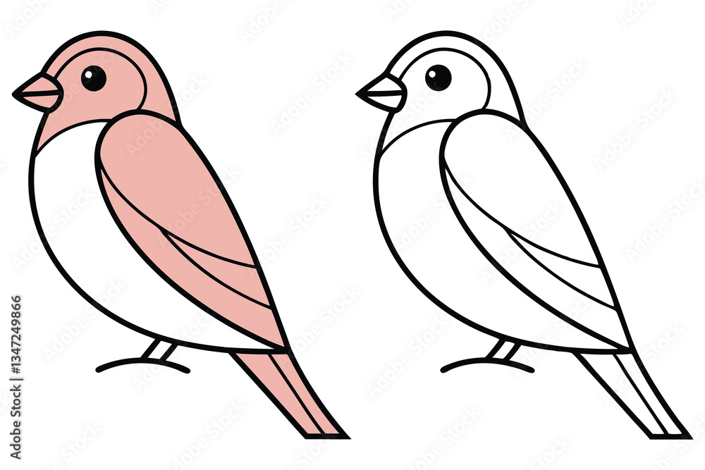 Obraz premium Two Simple Line Drawings of a Cute Pink and White Bird Perfect for Coloring Pages or Children's Books