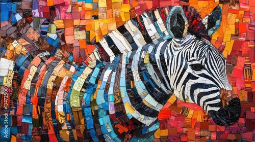 Colorful mosaic zebra portrait against vibrant background