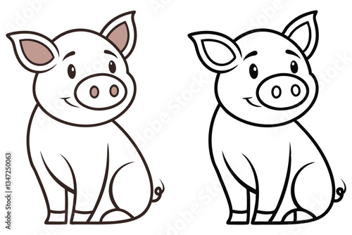 Adorable Cartoon Pig Coloring Page Illustration Two Versions