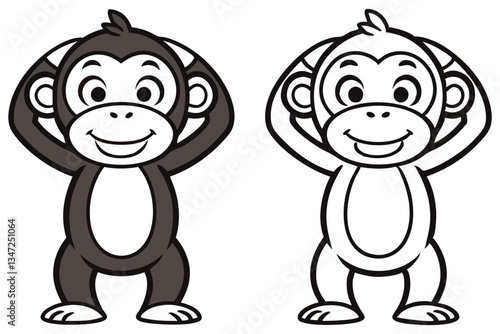Adorable Cartoon Monkeys Coloring Page Happy Primates Illustration