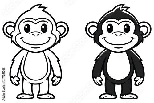 Adorable Cartoon Monkeys Coloring Page Two Happy Primates Black and White Line Art