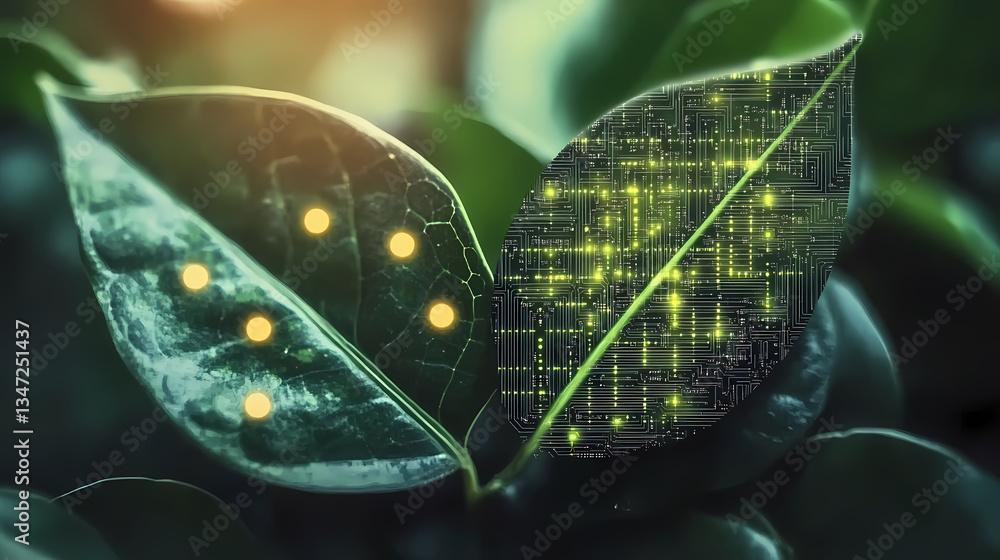 Green Leaf and Electronic Chip Side by Side