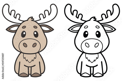 Adorable Cartoon Moose Illustration Coloring Page for Kids Featuring a Cute Brown Moose and a Black and White Outline Version