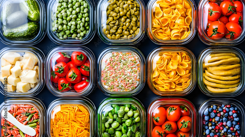 Assortment Of Prepared Foods In Glass Containers Assortment Of Prepared Foods In Glass Containers