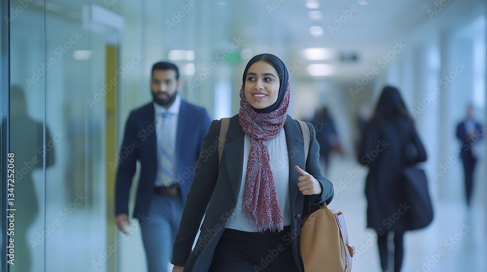 Businesswoman walking in a modern office hallway. A diverse group of professionals are passing by Businesswoman walking in a modern office hallway. A diverse group of professionals are passing by